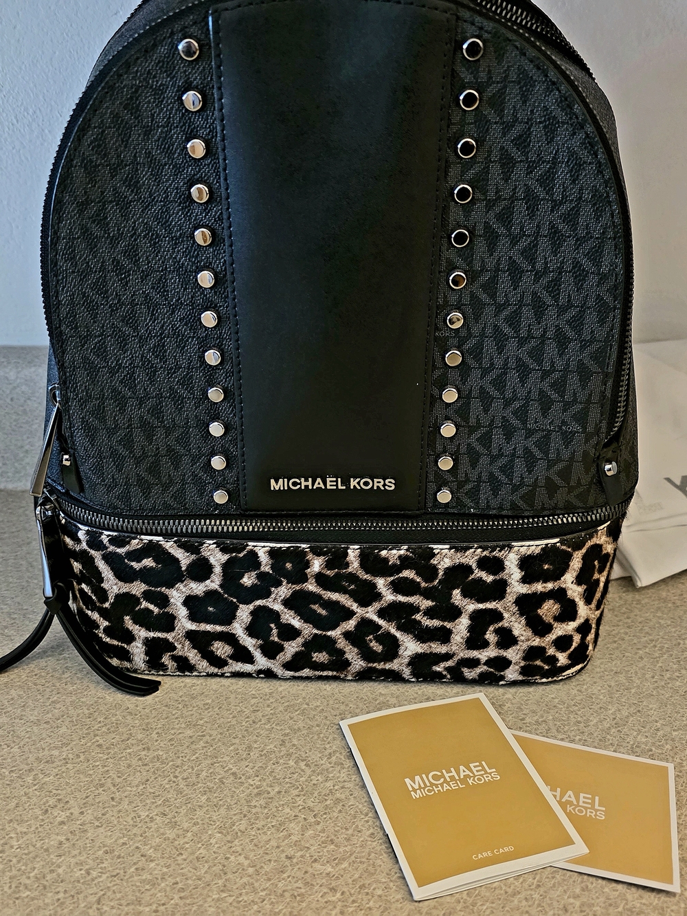 Michael Kors Rhea Black Studded Leopard Print Backpack